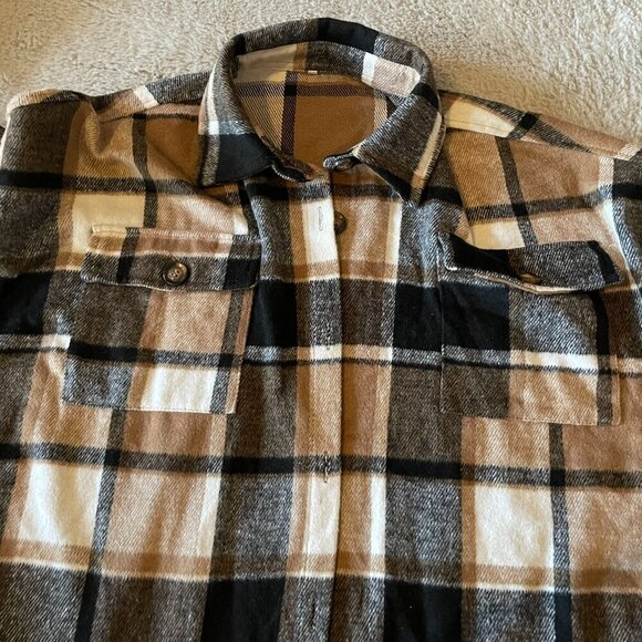 Womens Multicolor Plaid Long Sleeve Button Up Collared Boho Shacket Jacket - Picture 3 of 7